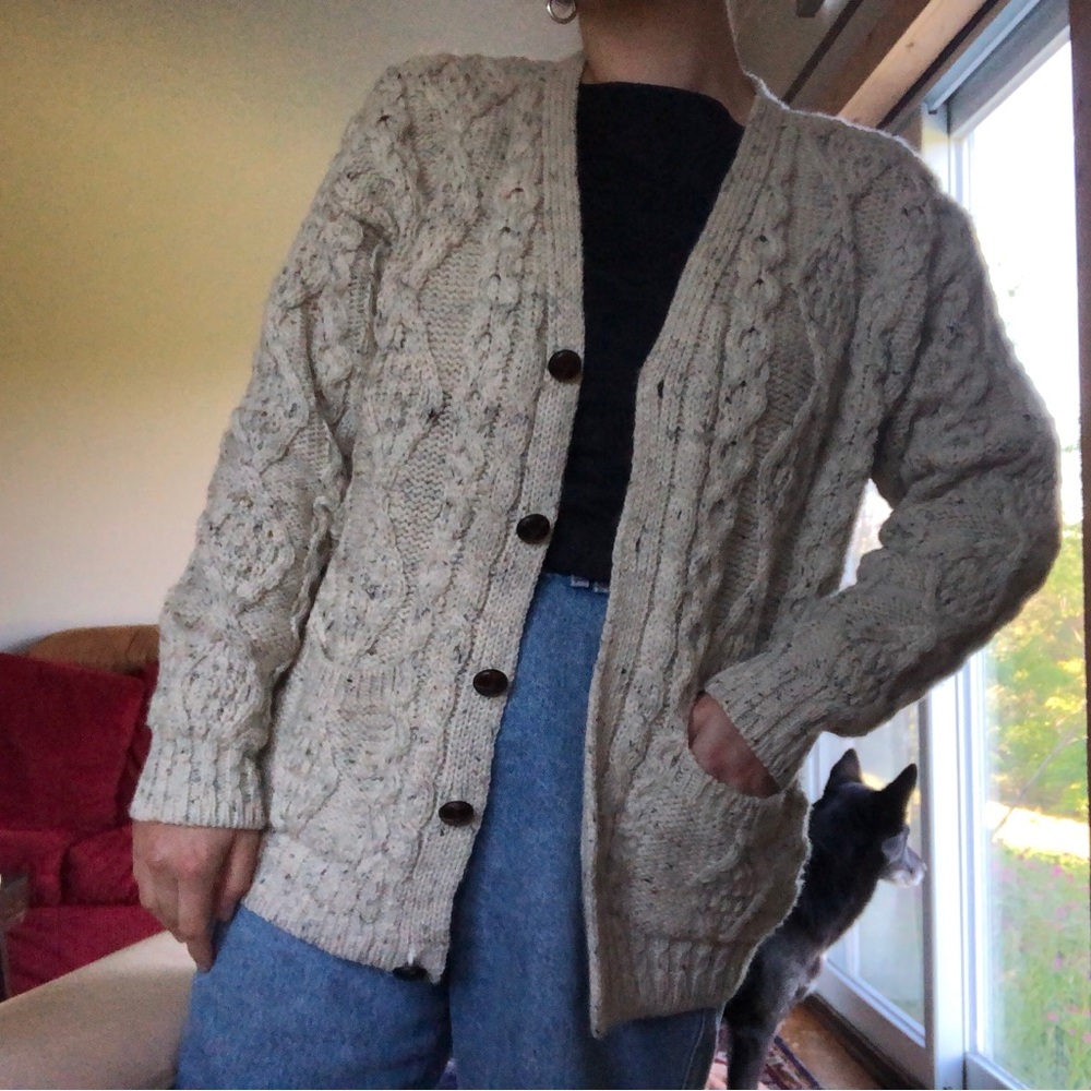 Irish Wool Aran Crafts Cream Cable-Knit Cardigan Sweater